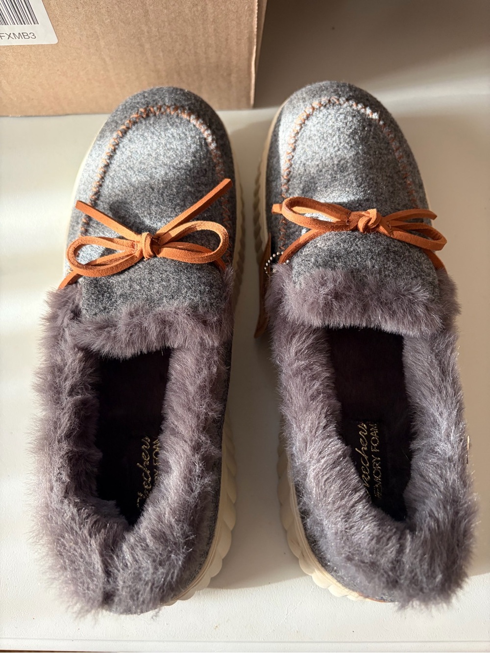 Skechers Gray Faux-Fur Lined Moccasins with Tan Bow Accent